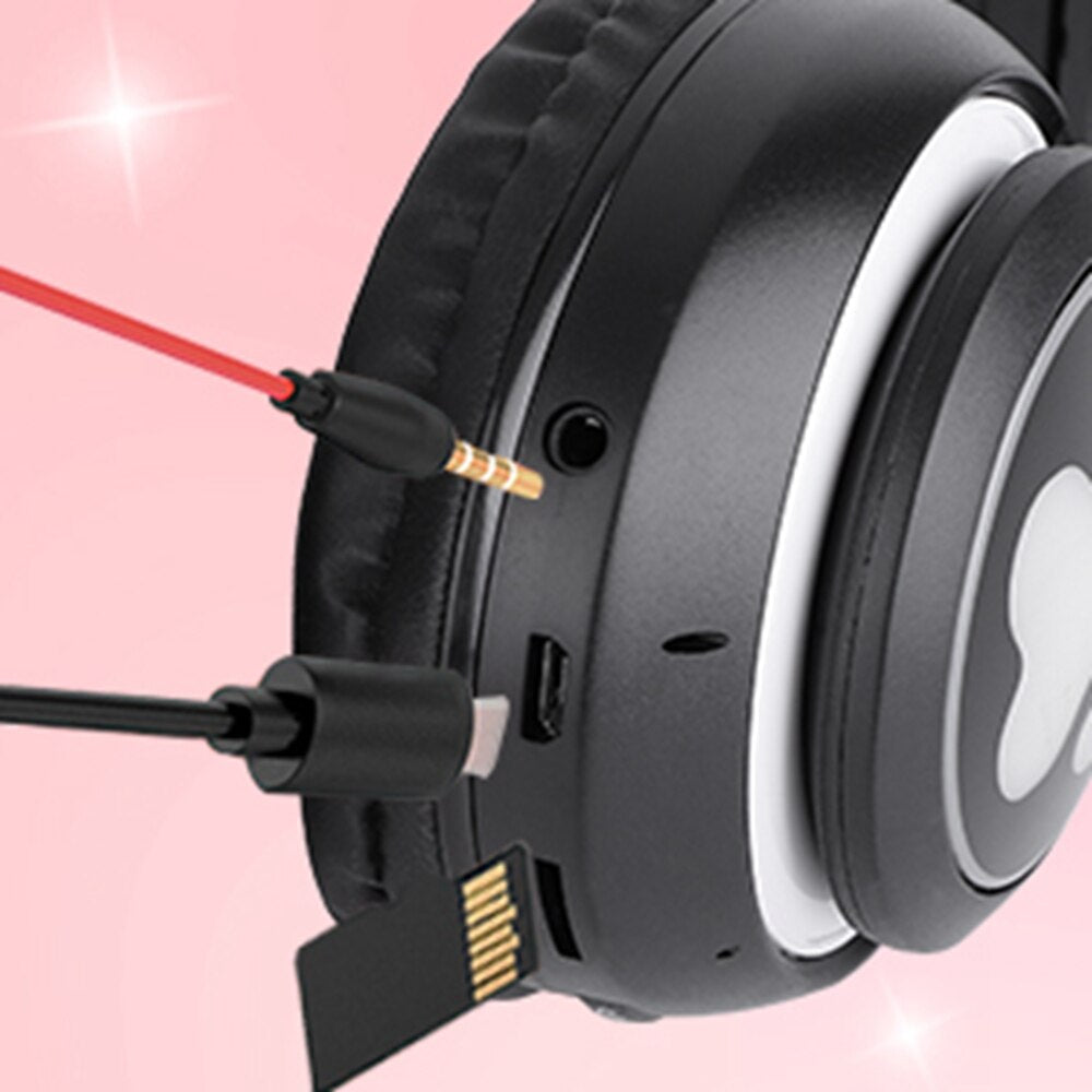 Cute Cat Bluetooth Wireless Headphones With Mic & audio cable & Glowing RGB LED, Children Black Pink Girls Stereo Music Headset