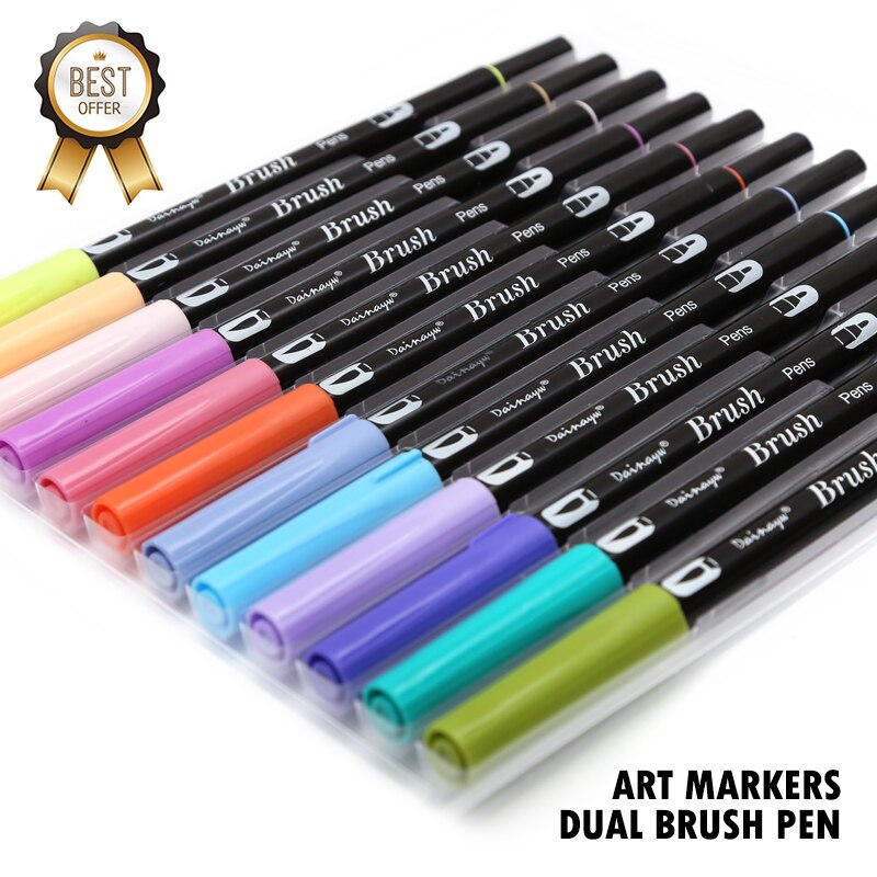 Dainayw Dual Brush Pen Art Markers, Primary, 12-Pack, ABT Brush and Fine Tip Markers for Journaling Card Making