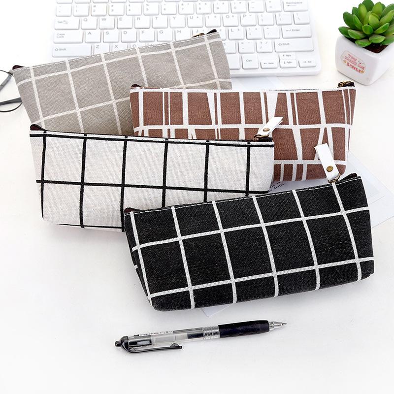 Canvas Geometric Pencil Bag Case School Simple Striped Grid Solid Color Cute Pencil Bag Case Pouch Office Students Kids Supplies