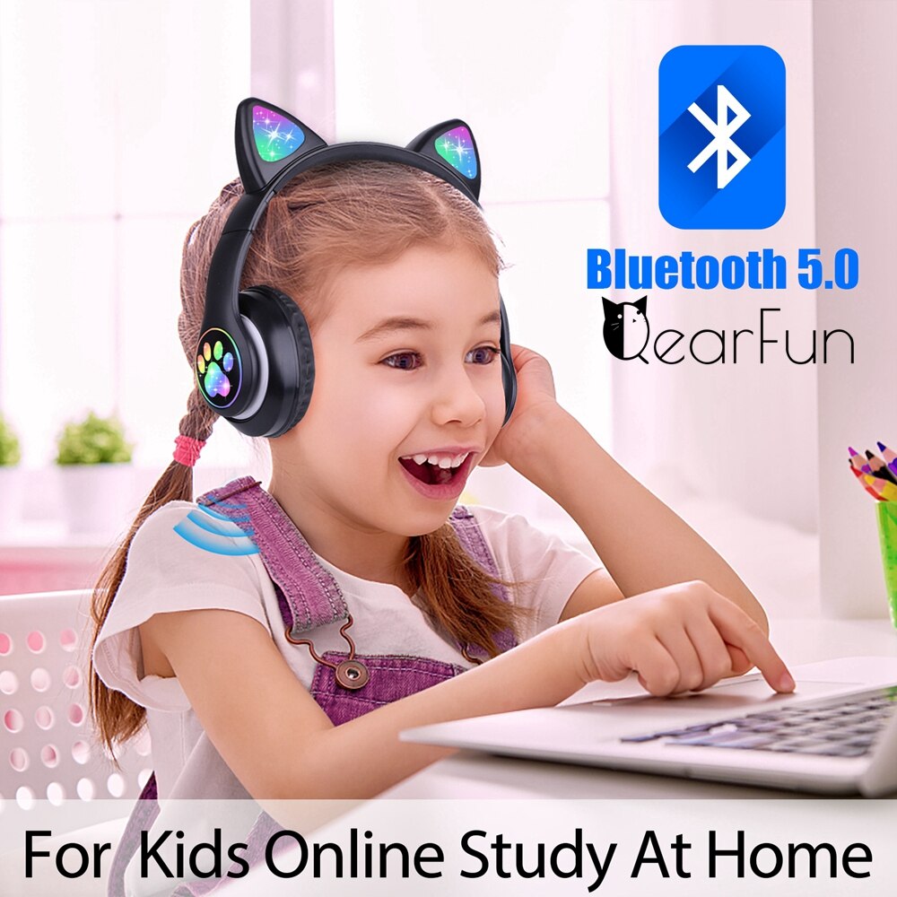 Cute Cat Bluetooth Wireless Headphones With Mic & audio cable & Glowing RGB LED, Children Black Pink Girls Stereo Music Headset