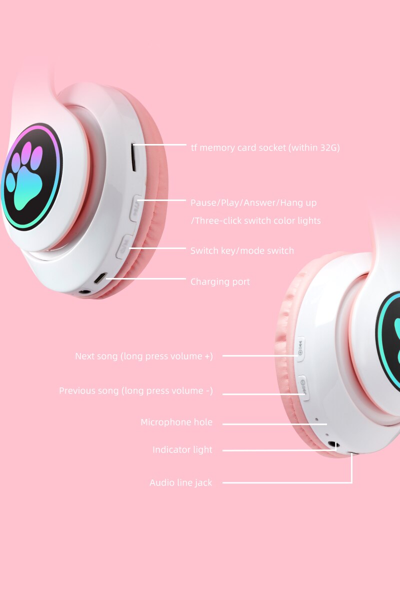 Cute Cat Bluetooth Wireless Headphones With Mic & audio cable & Glowing RGB LED, Children Black Pink Girls Stereo Music Headset