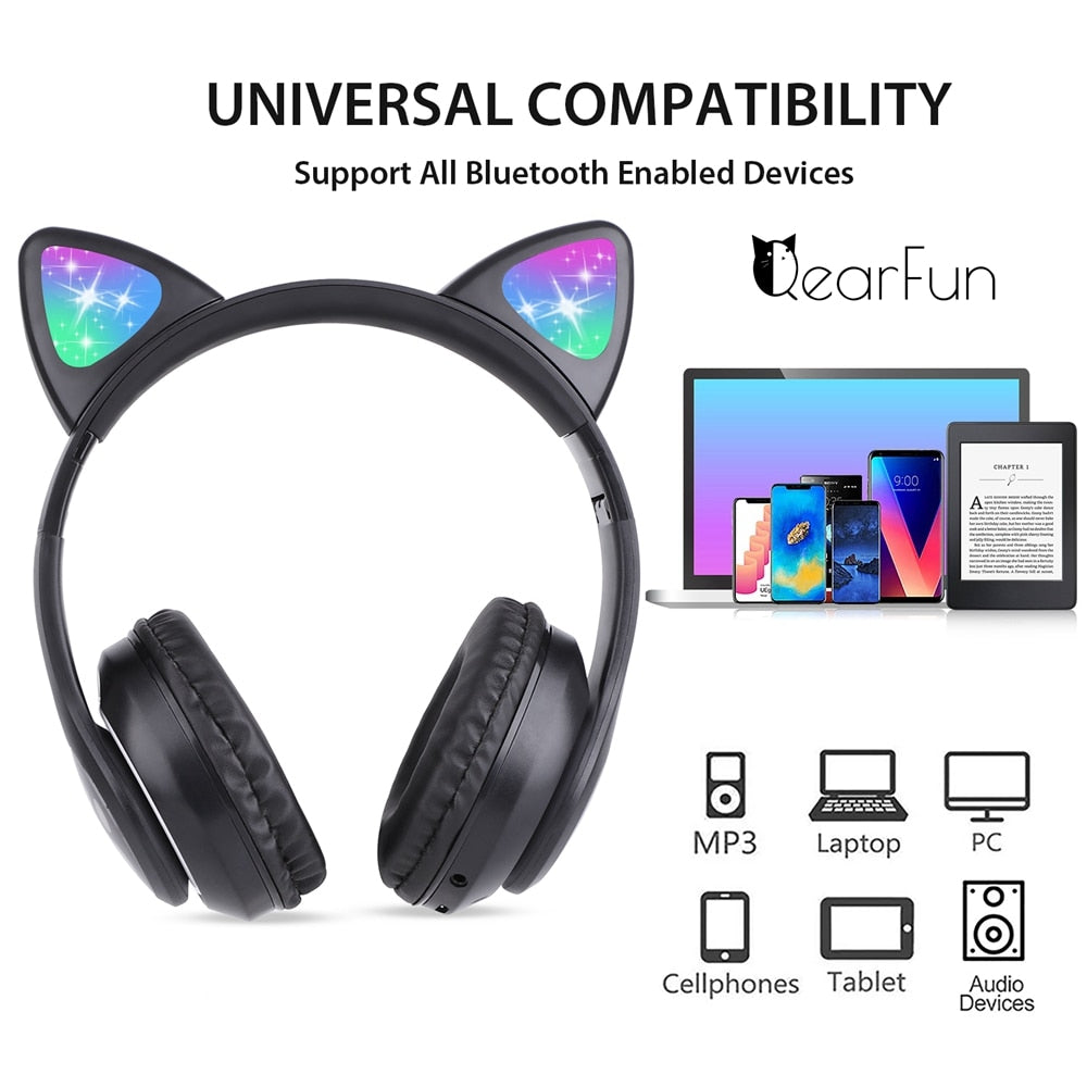Cute Cat Bluetooth Wireless Headphones With Mic & audio cable & Glowing RGB LED, Children Black Pink Girls Stereo Music Headset