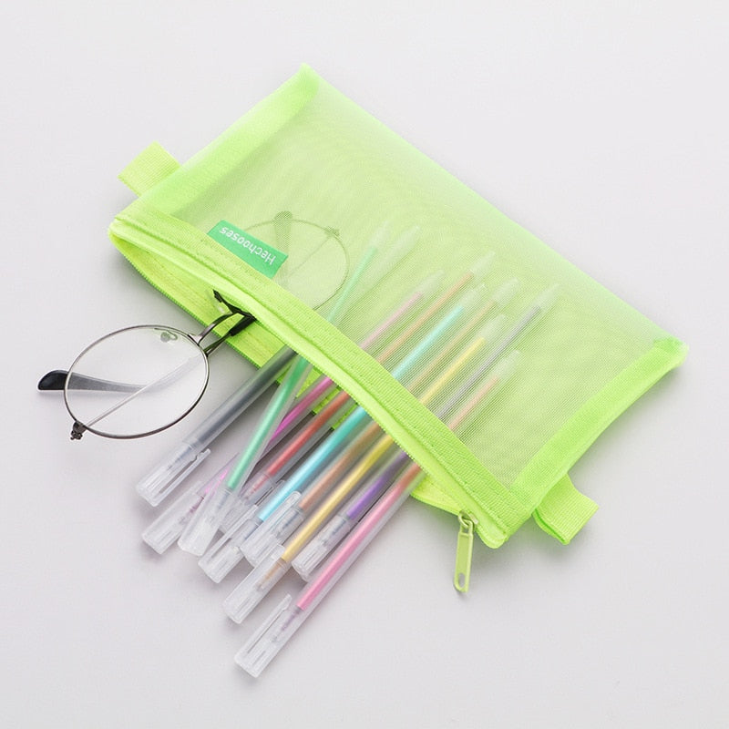 Simple Transparent Mesh Pencil Case Storage Student Pencil Bag Large Capacity Pouches Stationery
