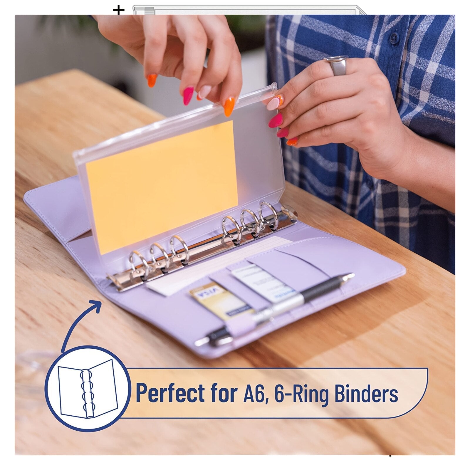 New A5 A6 A7 Color 6PCS Binder Pockets Binder Zipper Folders for 6-Ring Notebook Binder Waterproof PVC Leaf Document Filing Bag