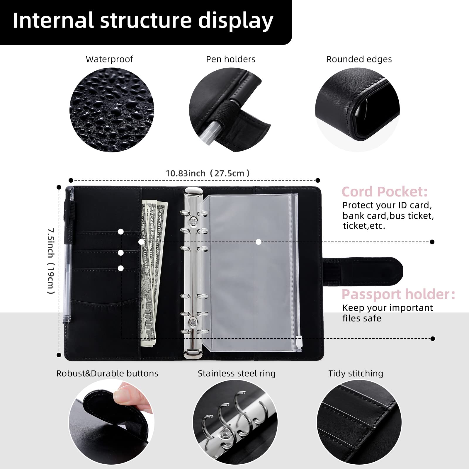 New 6 Hole Binder Pockets Plastic Binder Zipper Money Saving Envelope A6 Binder Budget Planner Notebook Covers Folder Colored