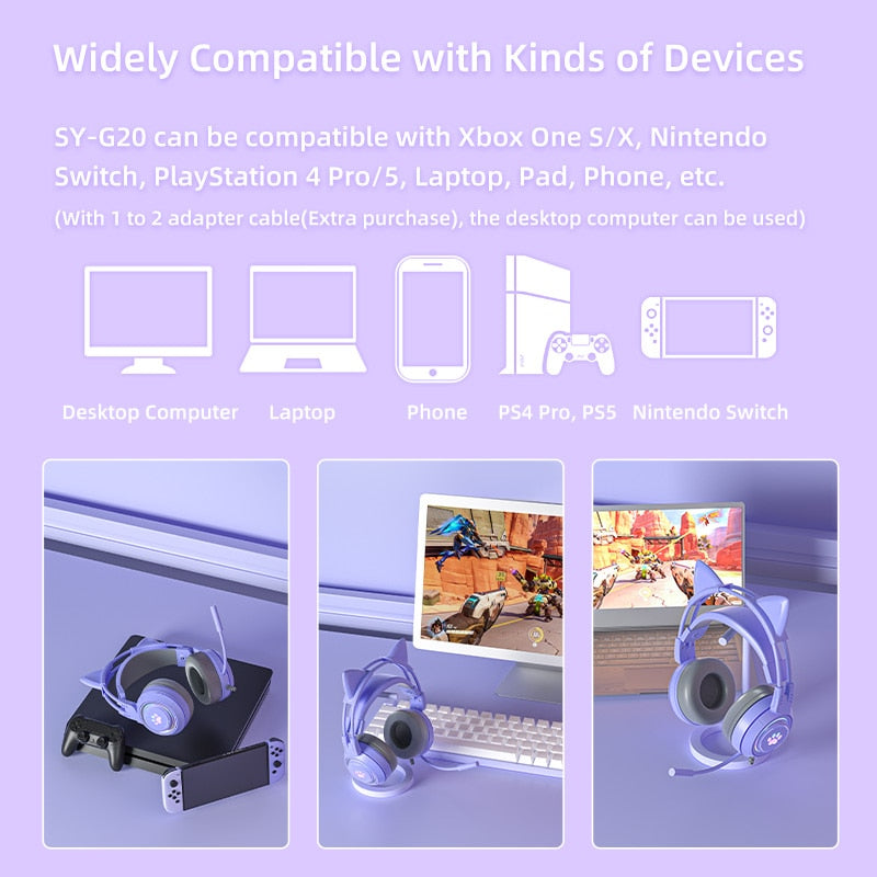 Pink Girls Cat Headphones with Mic for Laptop RGB LED Noise Reduced Stereo PC Headset Gamer for PS4 Phone Xbox Tablet Kid Gift