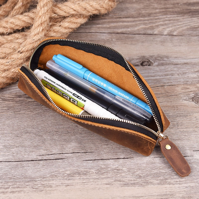 Handmade Genuine Leather Pencil Bag Retro Simple Stationery Holder Pen Case Storage Bag Zipper Pencil Pouch Glasses Case