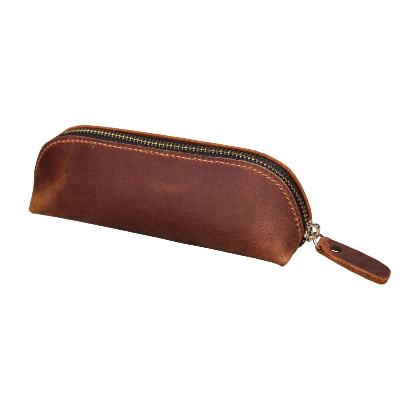 Handmade Genuine Leather Pencil Bag Retro Simple Stationery Holder Pen Case Storage Bag Zipper Pencil Pouch Glasses Case