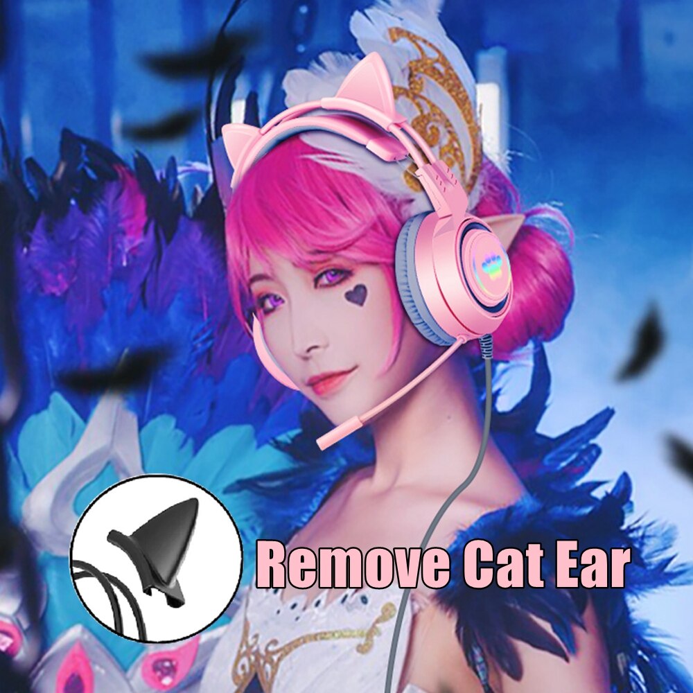 Pink Girls Cat Headphones with Mic for Laptop RGB LED Noise Reduced Stereo PC Headset Gamer for PS4 Phone Xbox Tablet Kid Gift