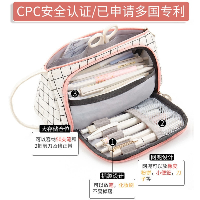 Child Stationary Pen Pencil Storage Bag Pen Bag Multi Layer Large Capacity Cosmetic Travel Storage Bag Simple Plaid Pencil Case